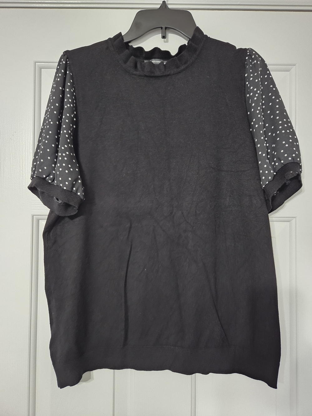 Adrianna Papell Black Knit Top with Polka Dot Short Sleeves